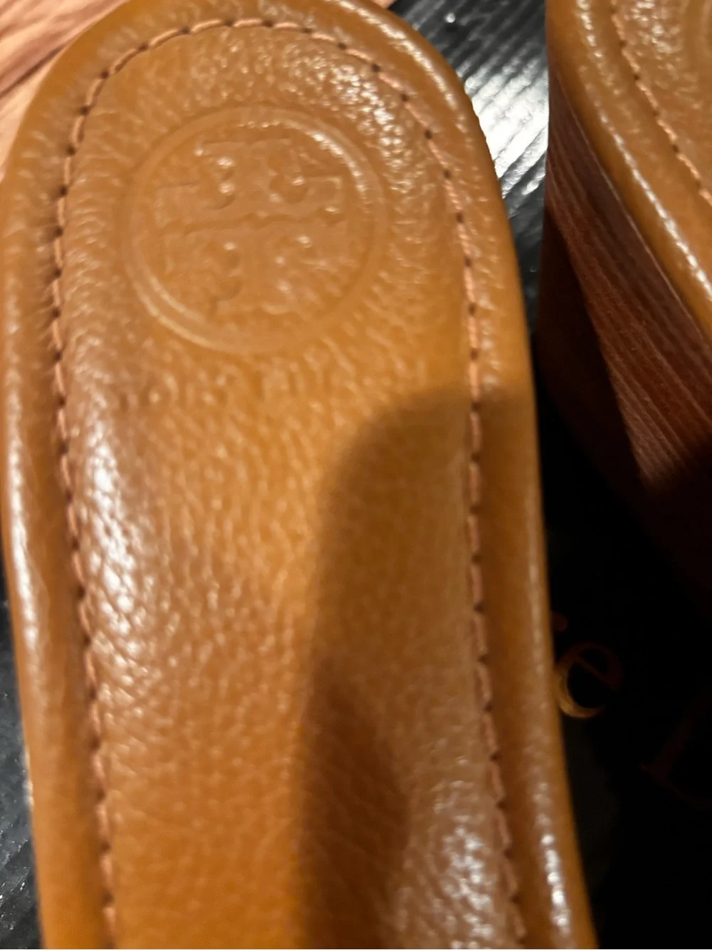 Tory Burch Cognac Leather Logo Wedge Slides